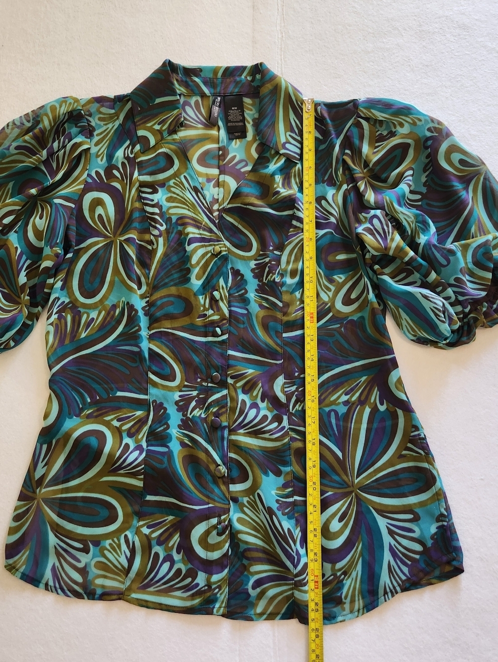 Bisou Bisou Teal, Olive & Purple Abstract Floral Puff-Sleeve Blouse Size Medium - Picture 4 of 9